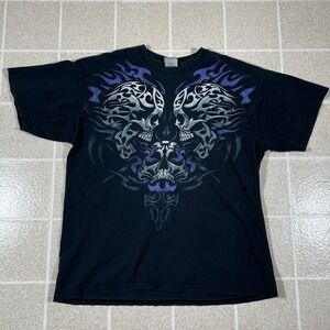 Vintage Y2K Liquid Blue Tribal Skulls T Shirt Large Grunge Emo Goth Skate Carti